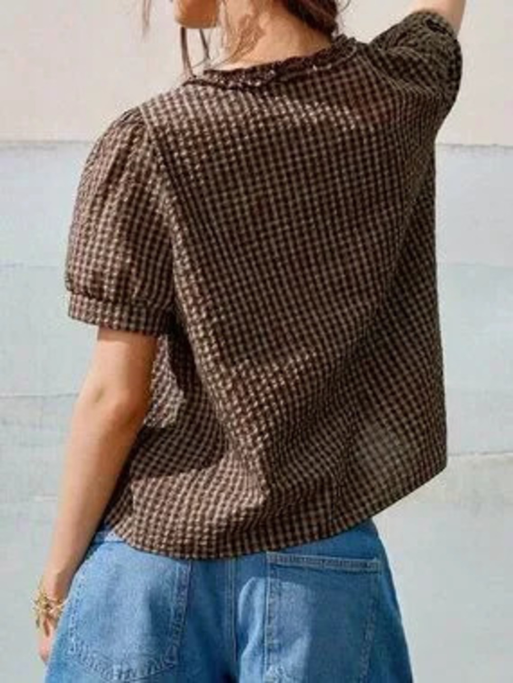 Brown Cute Women's Round Neck Gathered Frill Trim Puff Sleeve Plaid Casual Shirt